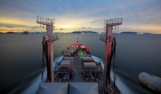 The HMNZS Aotearoa approaches the port of Kure, Japan.